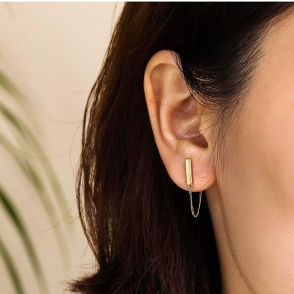 14k Gold/ Sterling Silver Cuban Chain Bar Earrings - Picture 15 of 15